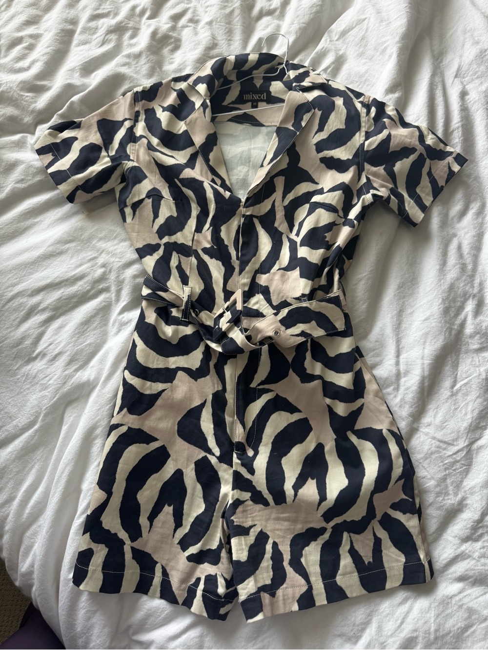 Navy and Cream Zebra-Print Short Sleeve Romper